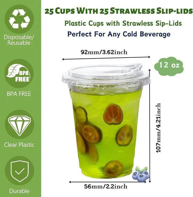 Alt view image 2 of 6 - Artpreti 12 oz Clear Plastic Cups with Strawless Sip Lids, Disposable Plastic Coffee Cups with Lids, To Go Cups for Iced Coffee, Smoothies, Soda, or Any Cold Drinks, 25Sets