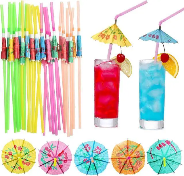 Main image of Haundry 24pcs Umbrella Straws, Long Cocktail Umbrella Party Straws, Plastic Drinking Straws for Tropical Summer Beach Luau Tiki Hawaiian Party Decorations, Umbrella