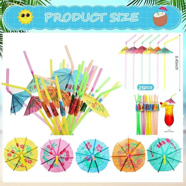 Alt view image 2 of 7 - Haundry 24pcs Umbrella Straws, Long Cocktail Umbrella Party Straws, Plastic Drinking Straws for Tropical Summer Beach Luau Tiki Hawaiian Party Decorations, Umbrella