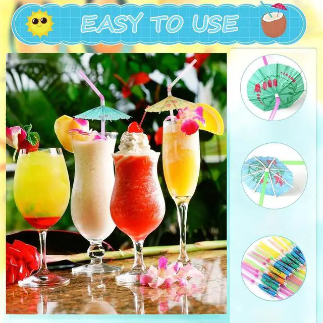 Alt view image 3 of 7 - Haundry 24pcs Umbrella Straws, Long Cocktail Umbrella Party Straws, Plastic Drinking Straws for Tropical Summer Beach Luau Tiki Hawaiian Party Decorations, Umbrella