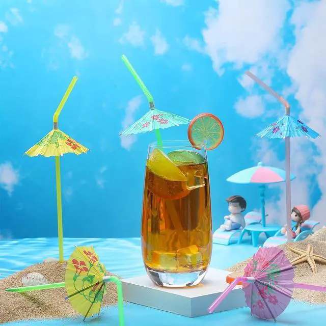 Alt view image 7 of 7 - Haundry 24pcs Umbrella Straws, Long Cocktail Umbrella Party Straws, Plastic Drinking Straws for Tropical Summer Beach Luau Tiki Hawaiian Party Decorations, Umbrella