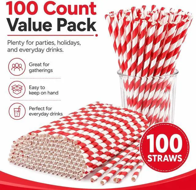Alt view image 3 of 7 - 100 Pack Red and White Striped Paper Straws