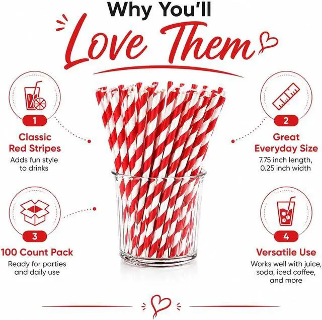 Alt view image 4 of 7 - 100 Pack Red and White Striped Paper Straws