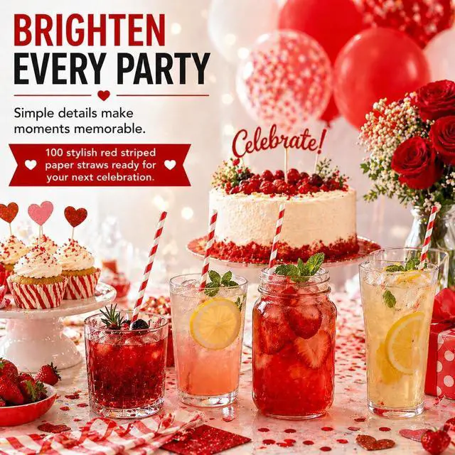 Alt view image 6 of 7 - 100 Pack Red and White Striped Paper Straws