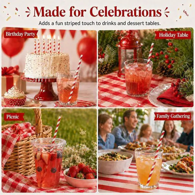 Alt view image 7 of 7 - 100 Pack Red and White Striped Paper Straws