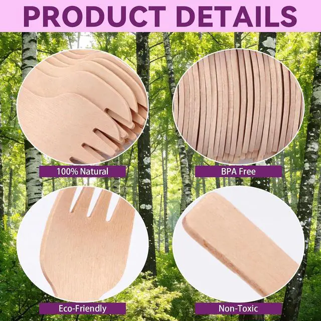 Alt view image 3 of 7 - 300 Pack 4" Mini Wooden Spork Disposable Spork Biodegradable Birchwood Fork Spoon for Camping, Party, Wedding and Family Gatherings