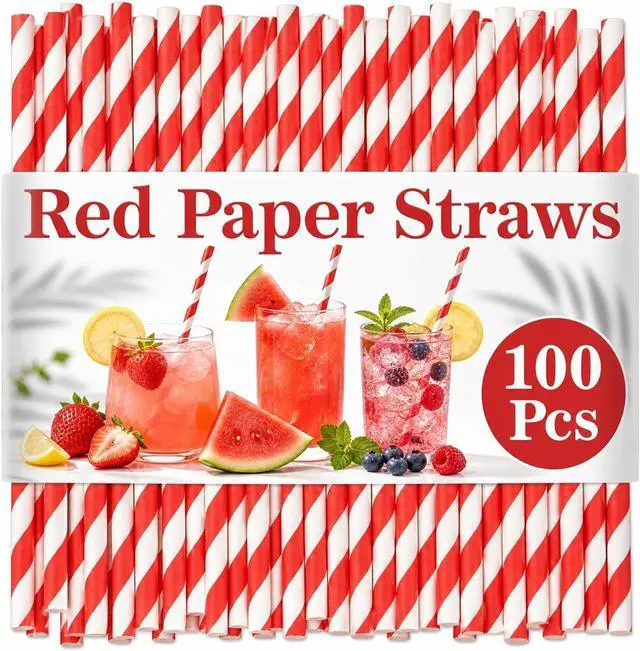 Main image of 100 Pack Red and White Striped Paper Straws, Disposable Biodegradable Drinking Straws, 7.75" Red Straws for Christmas, Valentines Day, Soda Bar, Birthday Party, Lemonade & Cocktails