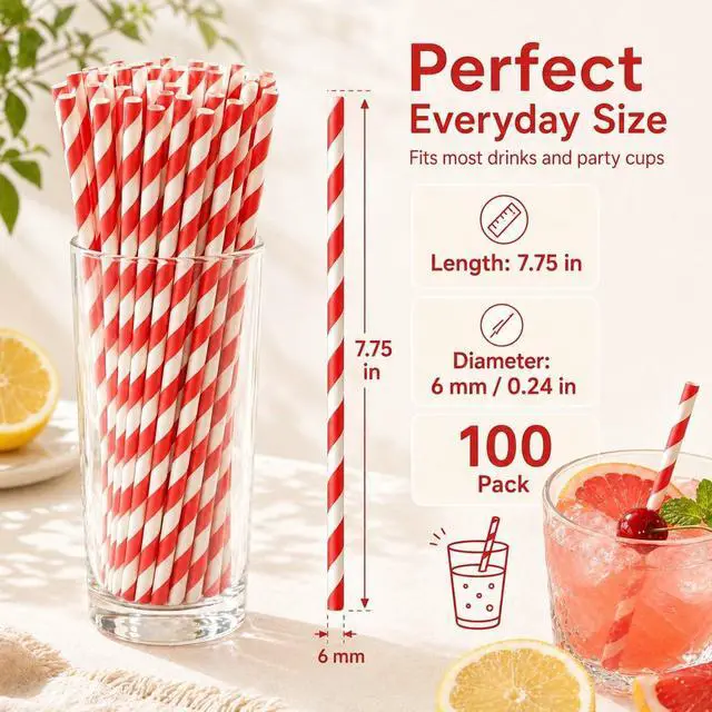Alt view image 2 of 7 - 100 Pack Red and White Striped Paper Straws, Disposable Biodegradable Drinking Straws, 7.75" Red Straws for Christmas, Valentines Day, Soda Bar, Birthday Party, Lemonade & Cocktails