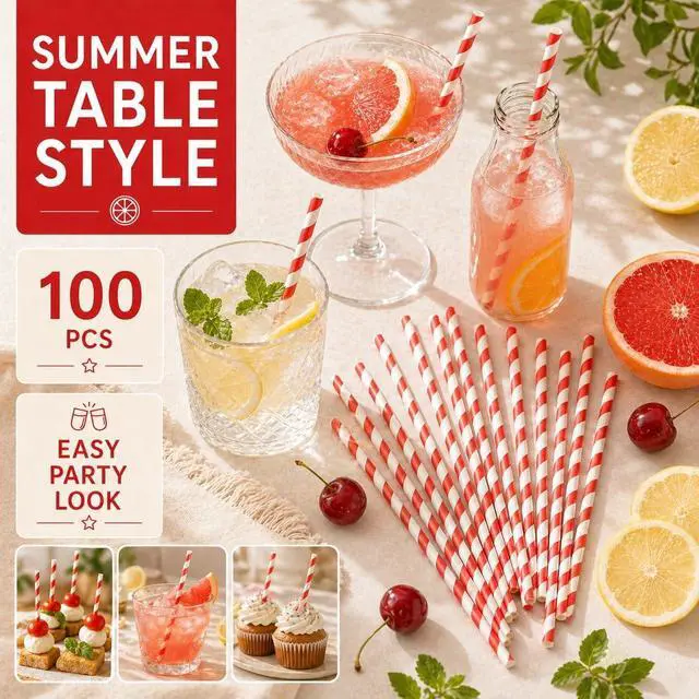Alt view image 3 of 7 - 100 Pack Red and White Striped Paper Straws, Disposable Biodegradable Drinking Straws, 7.75" Red Straws for Christmas, Valentines Day, Soda Bar, Birthday Party, Lemonade & Cocktails