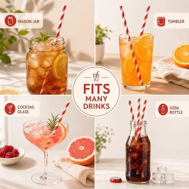 Alt view image 4 of 7 - 100 Pack Red and White Striped Paper Straws, Disposable Biodegradable Drinking Straws, 7.75" Red Straws for Christmas, Valentines Day, Soda Bar, Birthday Party, Lemonade & Cocktails