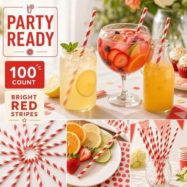 Alt view image 5 of 7 - 100 Pack Red and White Striped Paper Straws, Disposable Biodegradable Drinking Straws, 7.75" Red Straws for Christmas, Valentines Day, Soda Bar, Birthday Party, Lemonade & Cocktails