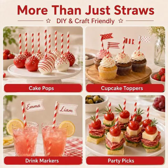 Alt view image 6 of 7 - 100 Pack Red and White Striped Paper Straws, Disposable Biodegradable Drinking Straws, 7.75" Red Straws for Christmas, Valentines Day, Soda Bar, Birthday Party, Lemonade & Cocktails