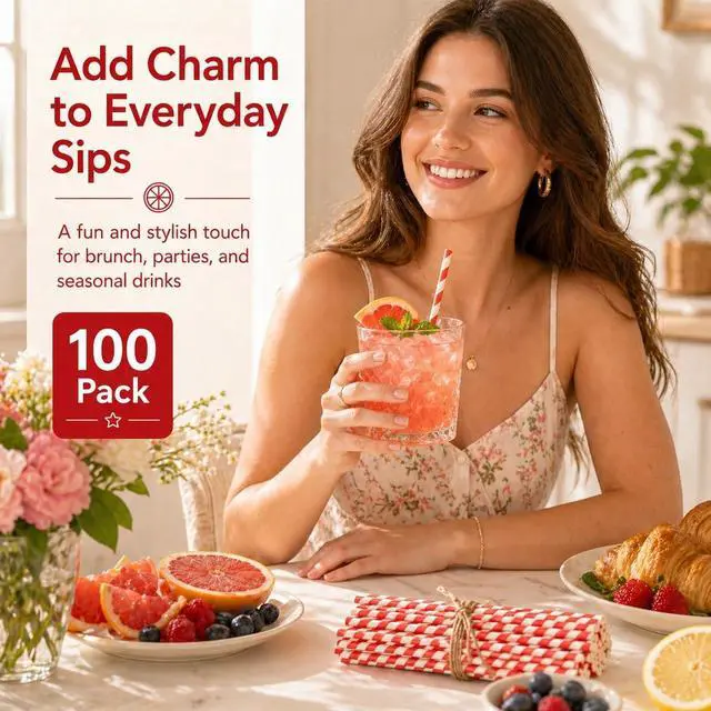 Alt view image 7 of 7 - 100 Pack Red and White Striped Paper Straws, Disposable Biodegradable Drinking Straws, 7.75" Red Straws for Christmas, Valentines Day, Soda Bar, Birthday Party, Lemonade & Cocktails