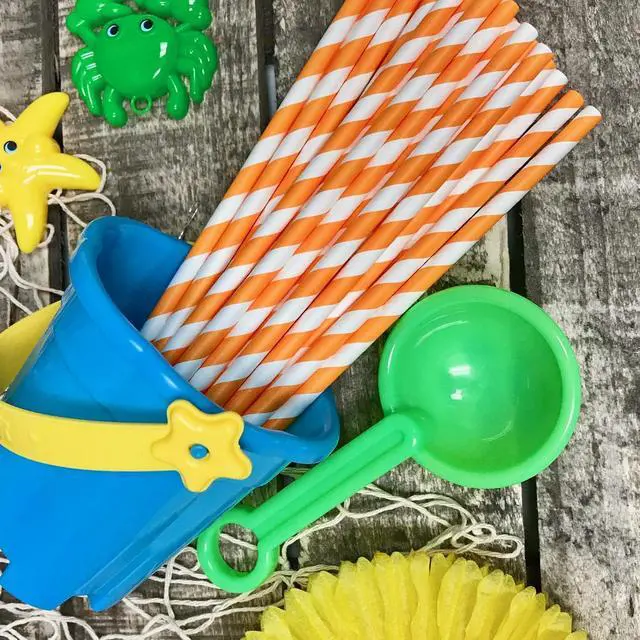 Alt view image 2 of 7 - Striped Paper Straws - Party Supply - Orange and White - 7.75 Inches - 50 Pack - Outside the Box Papers Brand