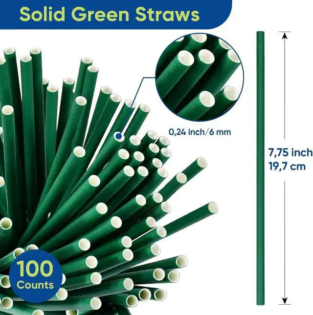 Alt view image 3 of 7 - 7.75" Solid Green Paper Straws for Drinks, Cocktail, Party 100ct Disposable