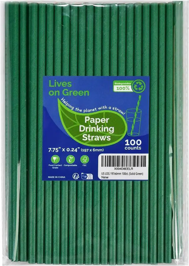 Main image of 7.75" Solid Green Paper Straws for Drinks, Cocktail, Party 100ct Disposable