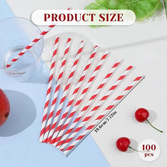 Alt view image 2 of 7 - 100 Pieces Disposable Red Striped Paper Straws,Party Decorative Straw Cocktail Drinking Straws Bulk for Drinking Crafts Birthday Wedding Party Decorations Supplies
