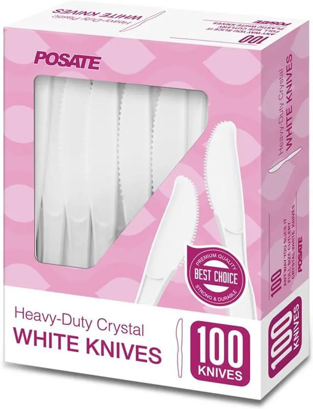 Main image of POSATE White Plastic Knives Heavy Duty, Disposable Silverware 100 Count