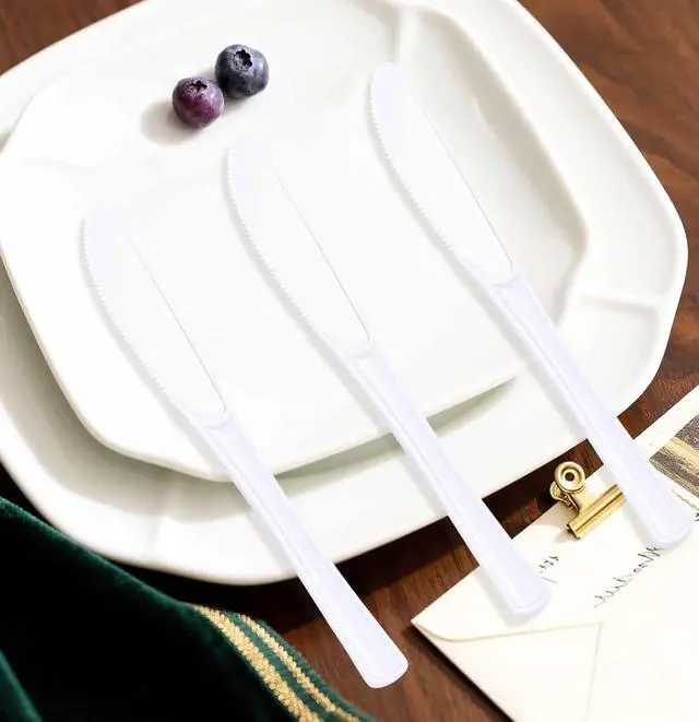 Alt view image 5 of 7 - SietDESEO 25 PCS White Plastic Knives Disposable Utensils Heavy Duty White Knives Disposable Cutlery for Birthday Wedding Baby Shower Bridal Shower Plastic Silverware