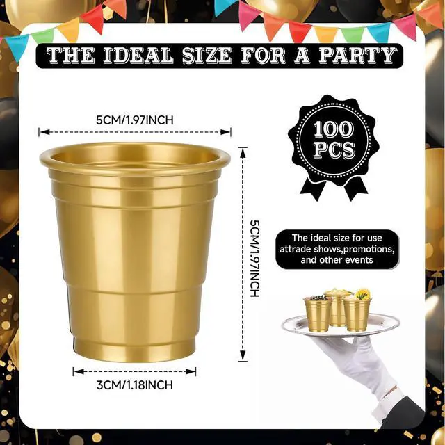 Alt view image 2 of 7 - 100 Pack 2oz Gold Plastic Shot Glasses - Easter Graduation Mother's Day Party Cups Disposable Supplies
