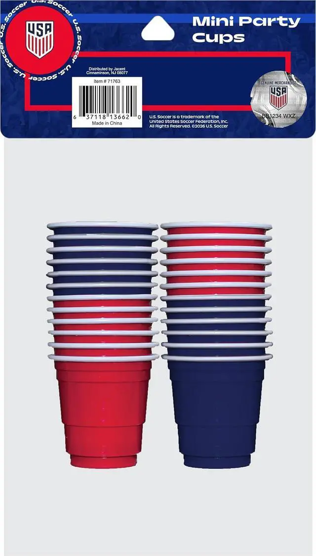 Alt view image 3 of 3 - Jacent U.S. Soccer Mini U.S. Soccer Mini Party Cups: 24 Count, 2 oz Plastic Shot Cups, Red and Blue, Disposable Small Cups for Parties, Tailgates, Pong Games