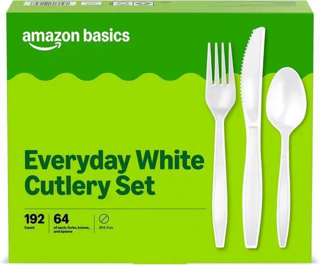 Main image of Amazon Basics Disposable Everyday White Assorted Cutlery Set, 192 Count, Combo Pack, Forks, Spoons, and Knives