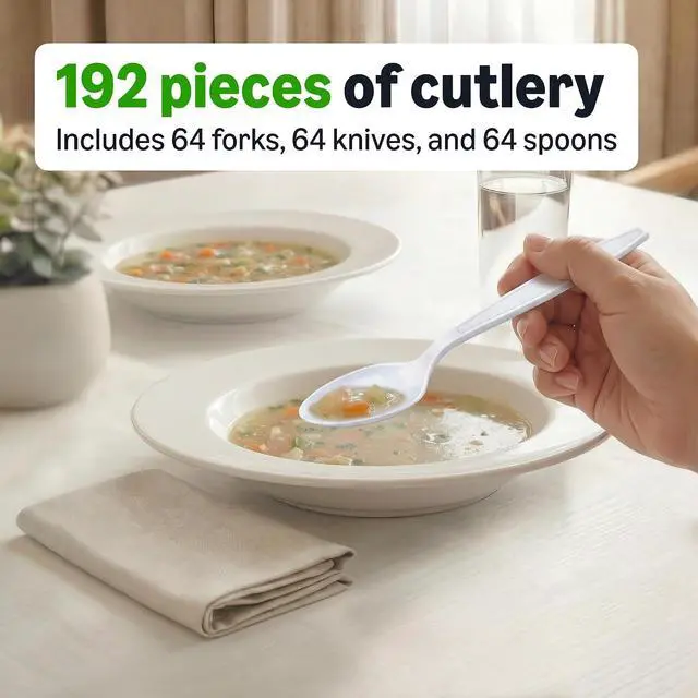 Alt view image 4 of 5 - Amazon Basics Disposable Everyday White Assorted Cutlery Set, 192 Count, Combo Pack, Forks, Spoons, and Knives