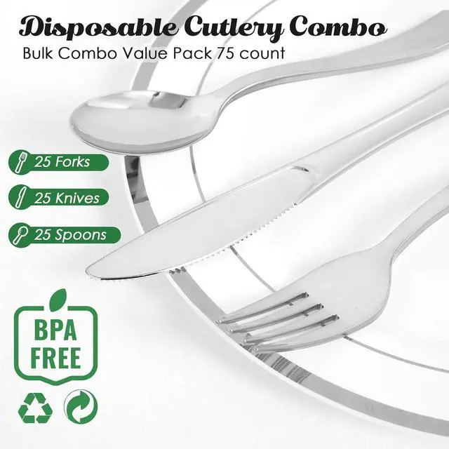 Alt view image 2 of 7 - FOCUSLINE 75 Pack Silver Plastic Silverware, Disposable Cutlery Set