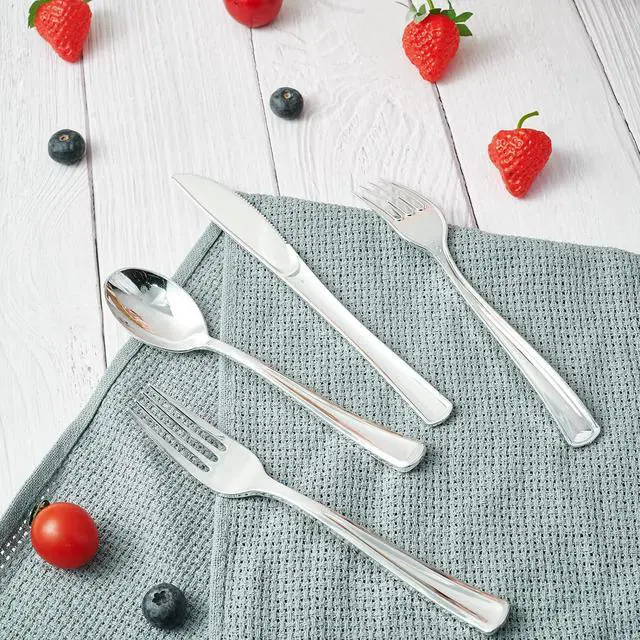 Alt view image 7 of 7 - FOCUSLINE 75 Pack Silver Plastic Silverware, Disposable Cutlery Set