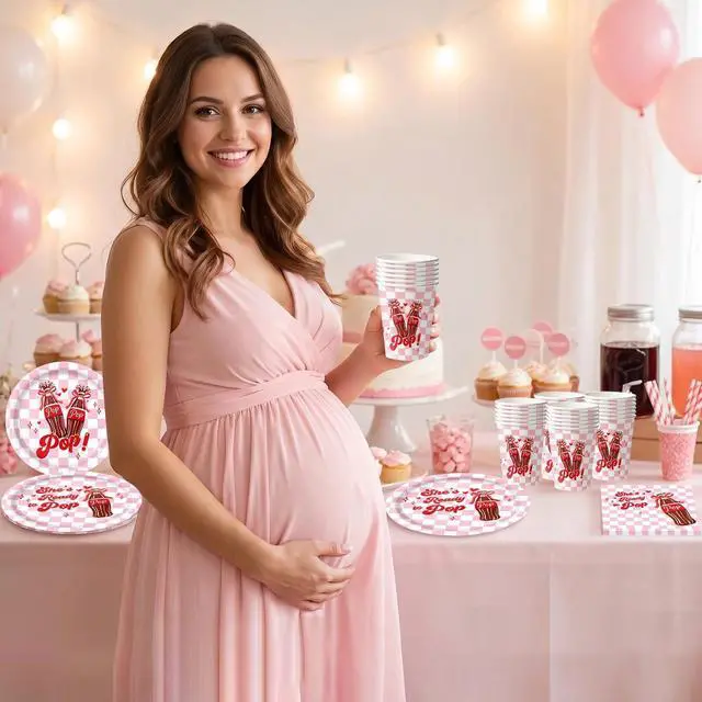 Alt view image 4 of 7 - 96pcs She's Ready to Pop Baby Shower Decorations Dessert Plates Napkins