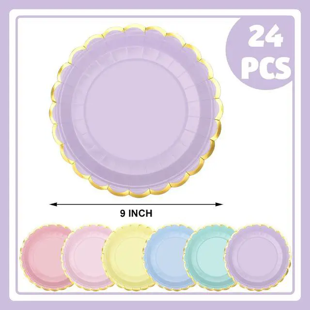 Alt view image 2 of 7 - peony man 24 Pcs Pastel Scalloped Paper Plates Disposable Macaron Party Plates 9 Inch Gold Edge Colorful Dinner Plate Pastel Rainbow Dessert Plate for Wedding Birthday Baby Shower Party Supplies