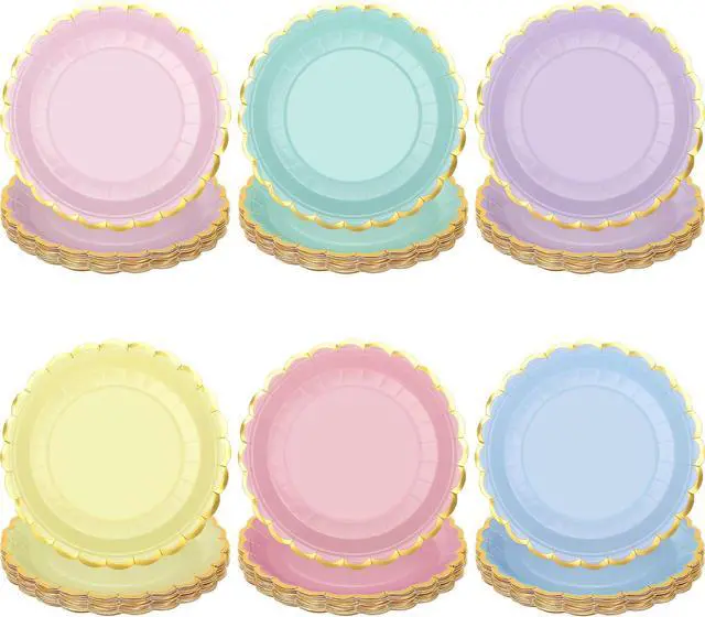 Main image of peony man 24 Pcs Pastel Scalloped Paper Plates Disposable Macaron Party Plates 9 Inch Gold Edge Colorful Dinner Plate Pastel Rainbow Dessert Plate for Wedding Birthday Baby Shower Party Supplies