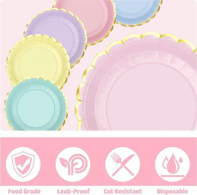 Alt view image 3 of 7 - peony man 24 Pcs Pastel Scalloped Paper Plates Disposable Macaron Party Plates 9 Inch Gold Edge Colorful Dinner Plate Pastel Rainbow Dessert Plate for Wedding Birthday Baby Shower Party Supplies