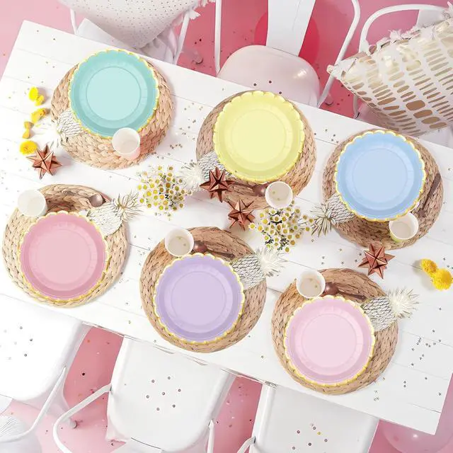 Alt view image 6 of 7 - peony man 24 Pcs Pastel Scalloped Paper Plates Disposable Macaron Party Plates 9 Inch Gold Edge Colorful Dinner Plate Pastel Rainbow Dessert Plate for Wedding Birthday Baby Shower Party Supplies
