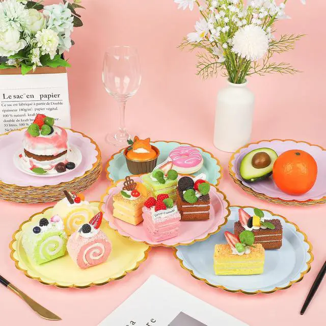 Alt view image 4 of 7 - peony man 24 Pcs Pastel Scalloped Paper Plates Disposable Macaron Party Plates 9 Inch Gold Edge Colorful Dinner Plate Pastel Rainbow Dessert Plate for Wedding Birthday Baby Shower Party Supplies