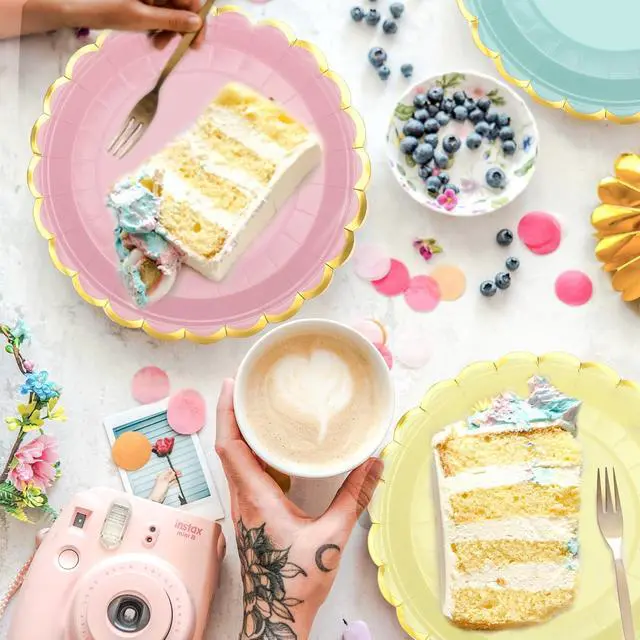 Alt view image 5 of 7 - peony man 24 Pcs Pastel Scalloped Paper Plates Disposable Macaron Party Plates 9 Inch Gold Edge Colorful Dinner Plate Pastel Rainbow Dessert Plate for Wedding Birthday Baby Shower Party Supplies