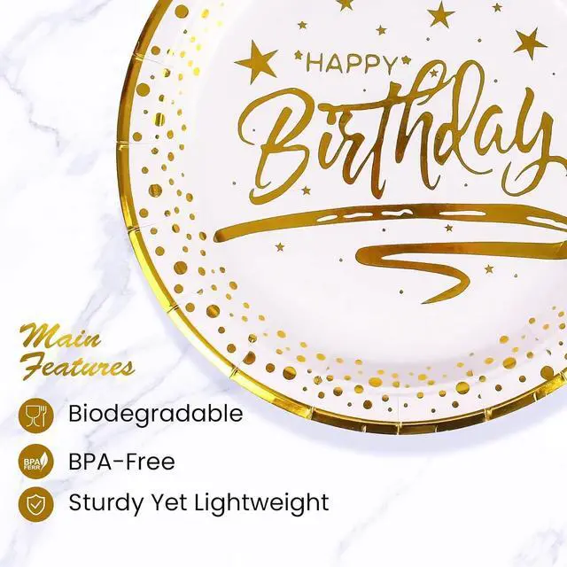 Alt view image 3 of 7 - 50PCS Happy Birthday Paper Plates with Gold Trim 7inch, Disposable White Gold Dessert Paper Plates Dinner Plates Cake Plate Party Supplies for Birthday Party Decorations