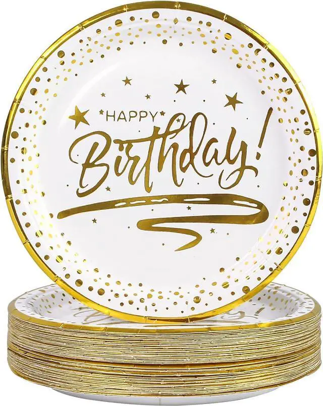 Main image of 50PCS Happy Birthday Paper Plates with Gold Trim 7inch, Disposable White Gold Dessert Paper Plates Dinner Plates Cake Plate Party Supplies for Birthday Party Decorations