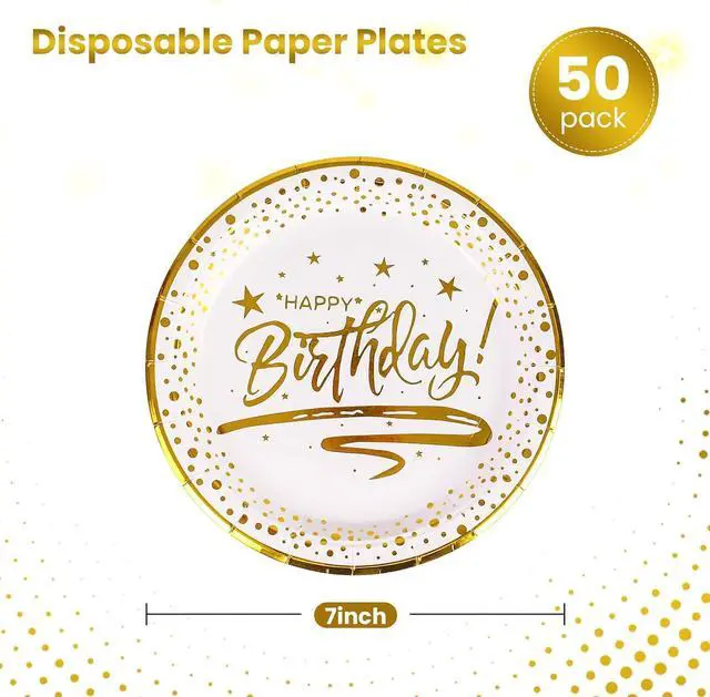 Alt view image 2 of 7 - 50PCS Happy Birthday Paper Plates with Gold Trim 7inch, Disposable White Gold Dessert Paper Plates Dinner Plates Cake Plate Party Supplies for Birthday Party Decorations