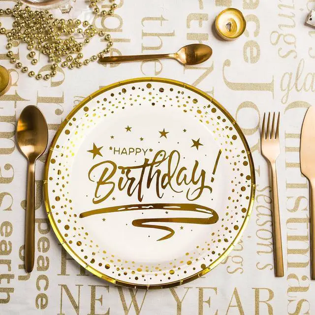Alt view image 4 of 7 - 50PCS Happy Birthday Paper Plates with Gold Trim 7inch, Disposable White Gold Dessert Paper Plates Dinner Plates Cake Plate Party Supplies for Birthday Party Decorations