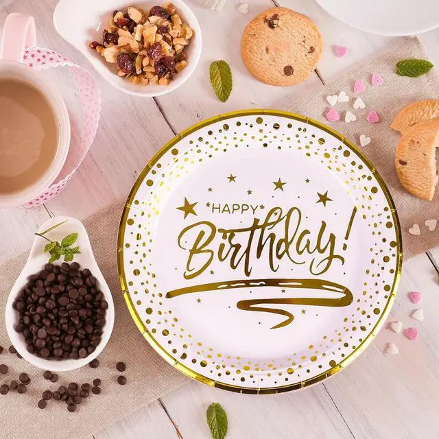 Alt view image 6 of 7 - 50PCS Happy Birthday Paper Plates with Gold Trim 7inch, Disposable White Gold Dessert Paper Plates Dinner Plates Cake Plate Party Supplies for Birthday Party Decorations