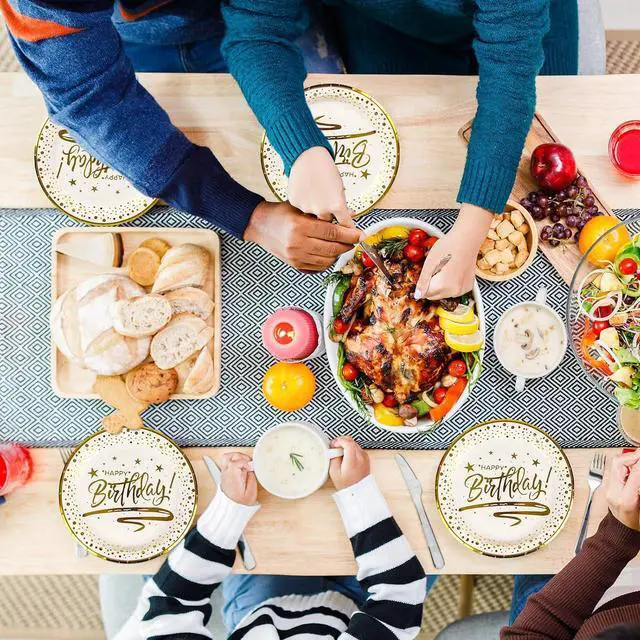 Alt view image 7 of 7 - 50PCS Happy Birthday Paper Plates with Gold Trim 7inch, Disposable White Gold Dessert Paper Plates Dinner Plates Cake Plate Party Supplies for Birthday Party Decorations