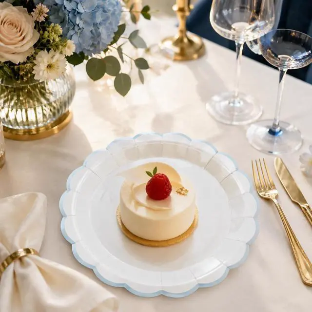 Alt view image 2 of 6 - Blue White Scalloped Plates 7" Cake Plate for Baby Shower, Party