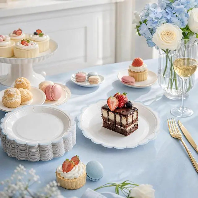 Alt view image 4 of 6 - Blue White Scalloped Plates 7" Cake Plate for Baby Shower, Party