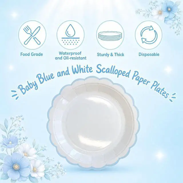 Alt view image 5 of 6 - Blue White Scalloped Plates 7" Cake Plate for Baby Shower, Party