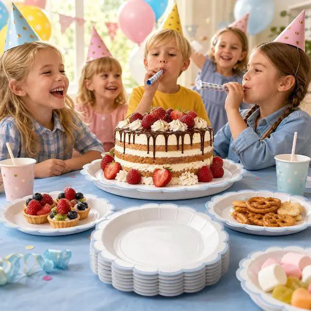 Alt view image 6 of 6 - Blue White Scalloped Plates 7" Cake Plate for Baby Shower, Party