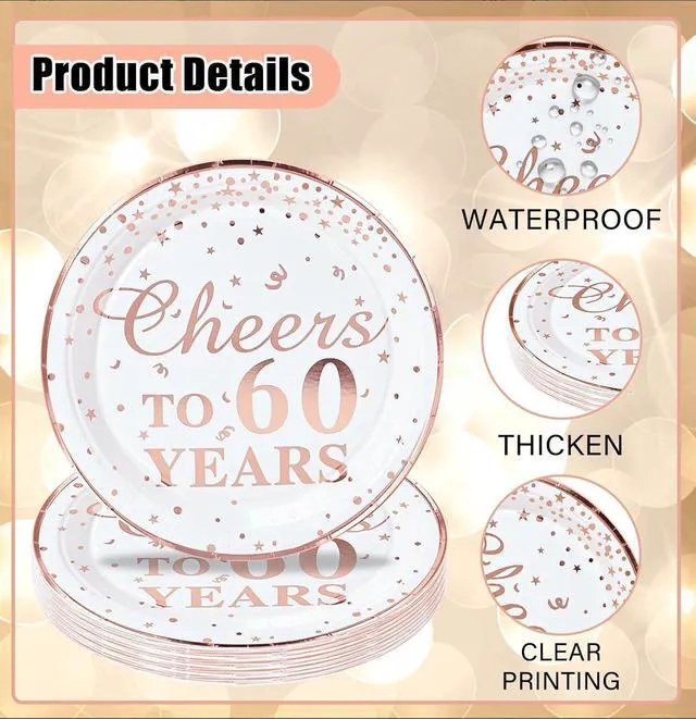 Alt view image 2 of 7 - SietDESEO 50 PCS Cheers to 60 Years Paper Plates with Rose Gold Foil 7 Inch Disposable Plates 60th Birthday Dessert Plate for Birthday Party Supplies