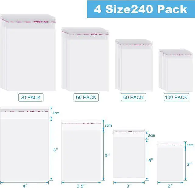 Alt view image 2 of 6 - Geyoga 240 Pcs 4 Size Clear Plastic Cello Bag Resealable Self to Adhesive Cellophane Bag for Candy Cookies Decorative Wrapper