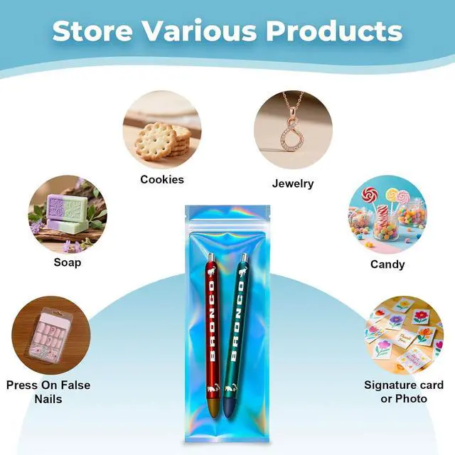 Alt view image 2 of 6 - Holographic Bags, 3x8 inch Resealable Smell Proof Bags for Food Storage Jewelry & Pen Packaging(100 Pack)