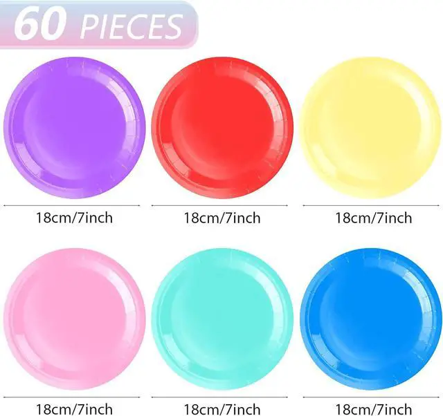 Alt view image 2 of 7 - Colored Paper Plates,60Pcs 7Inch Rainbow Paper Plates,Party Decorations Tableware Set,Round Colorful Dessert Plate,for Birthday,Anniversary,Holiday,Wedding,Graduation Party Decorations,Serves 60